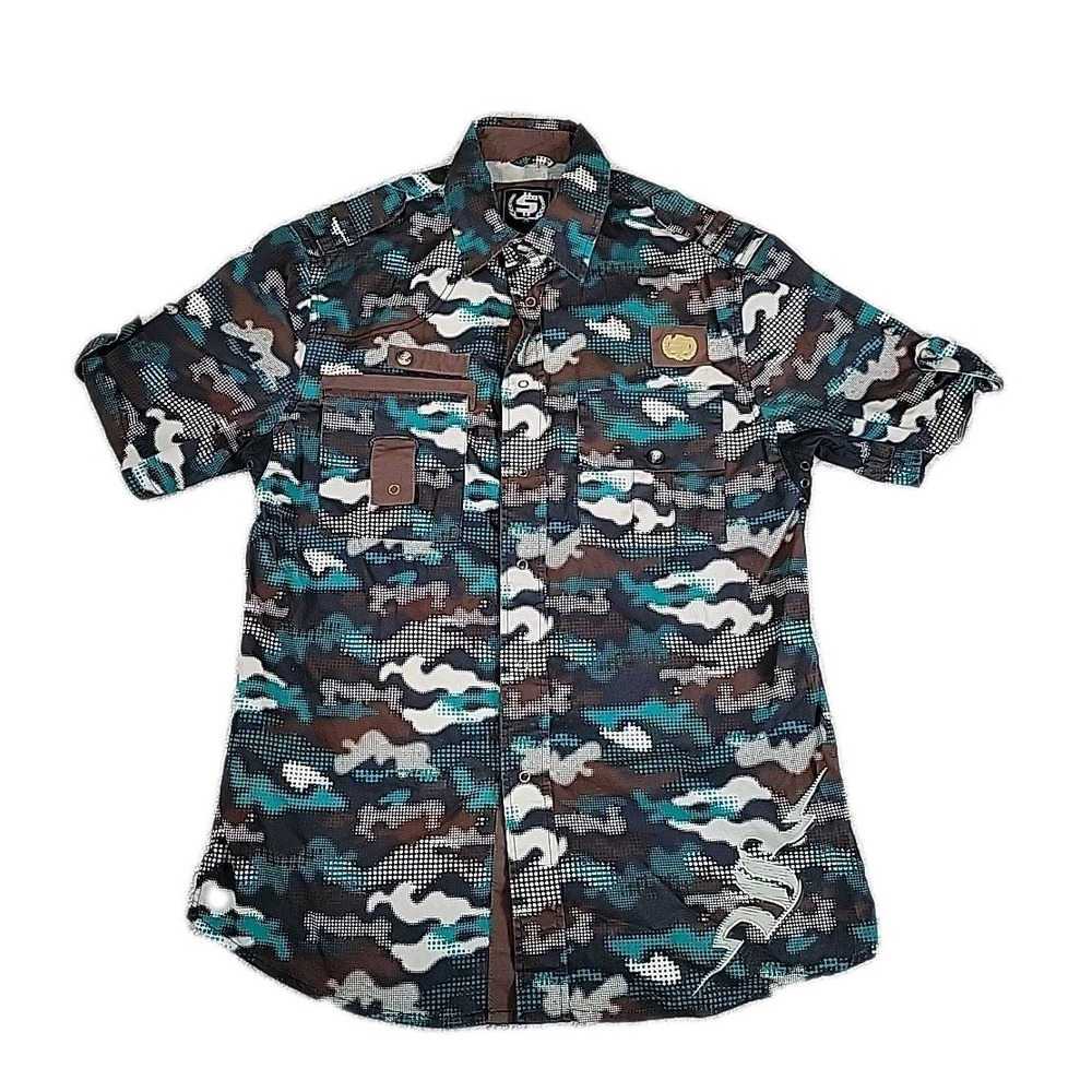 Shmack Shirt Mens SMALL MULTI  Patchwork Tactical Short Sleeve‎ Motorcycle Skate